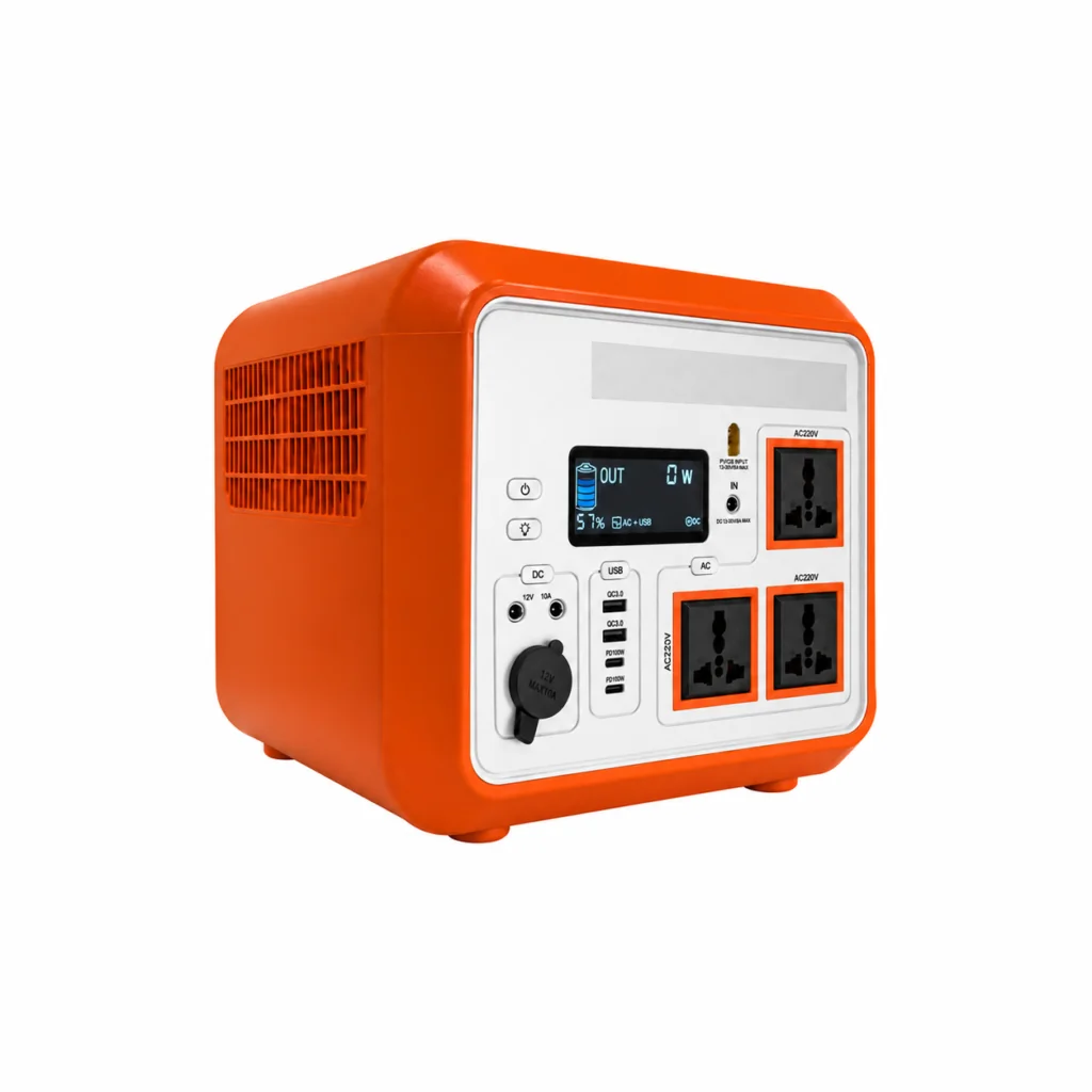 Orange portable power station with AC and USB outlets