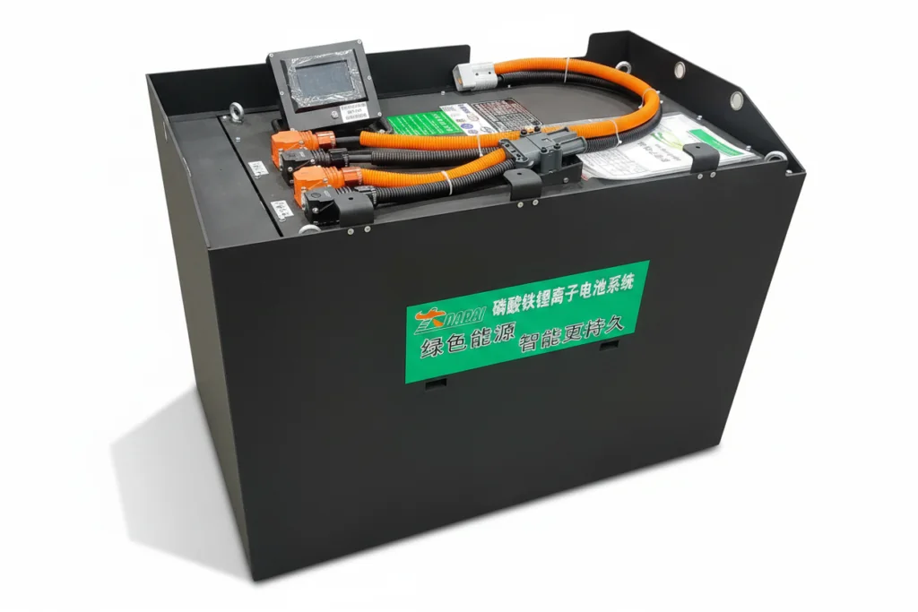 LiFePO4 forklift battery pack with display and power cables