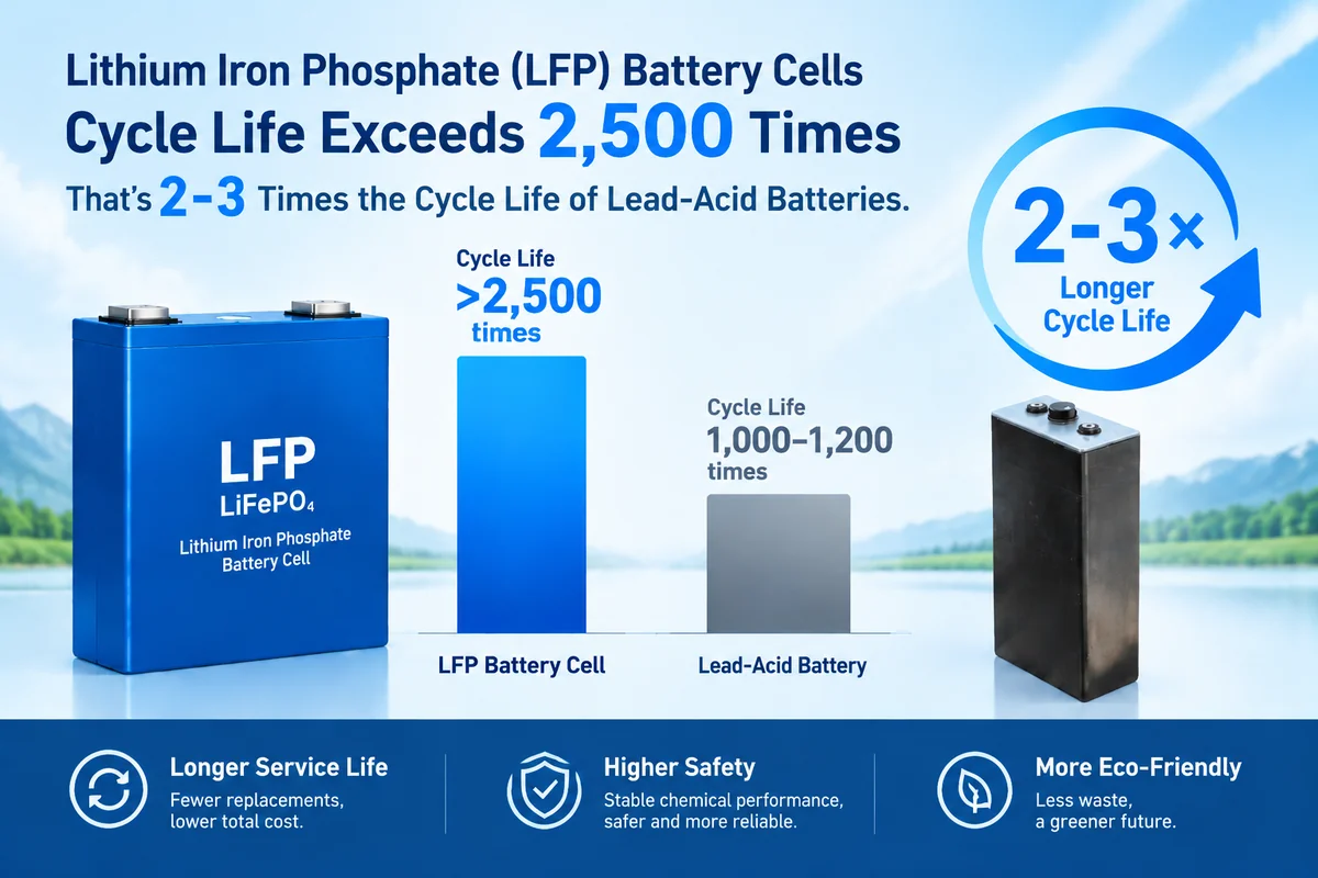 Illustration comparing lithium iron phosphate and lead-acid battery cycle life