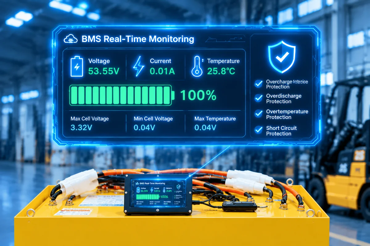 Battery management system monitoring voltage, current and temperature
