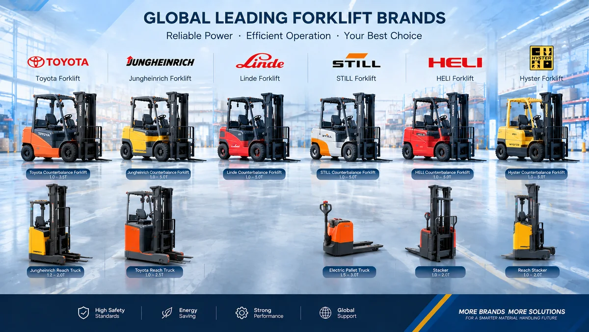 Overview illustration of forklift brands and equipment types